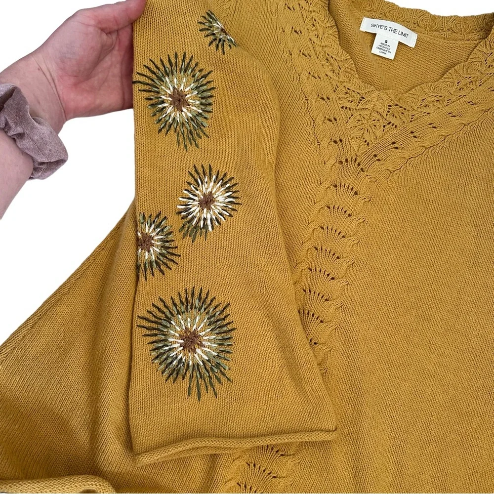 Skye’s The Limit Mustard Yellow Floral Embroidered Statement Sleeve Knit Small - Picture 5 of 10